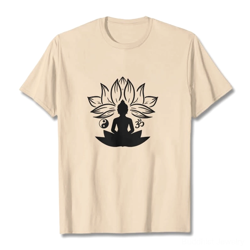 Buddhist T-shirt with Om Yin Yang lotus print on beige fabric, flat lay front view on studio background