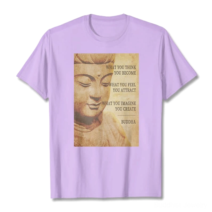 Beige Buddhist t-shirt size guide and fit demonstration, unisex relaxed silhouette from front view