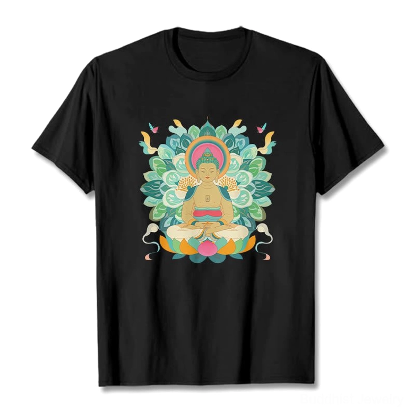 Black Buddhist butterfly lotus graphic t-shirt front flat lay with vibrant multicolor print design