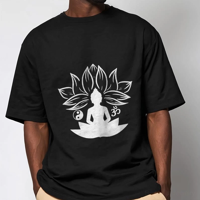 Buddhist meditation t-shirt with white lotus and Buddha design on black cotton, male model wearing