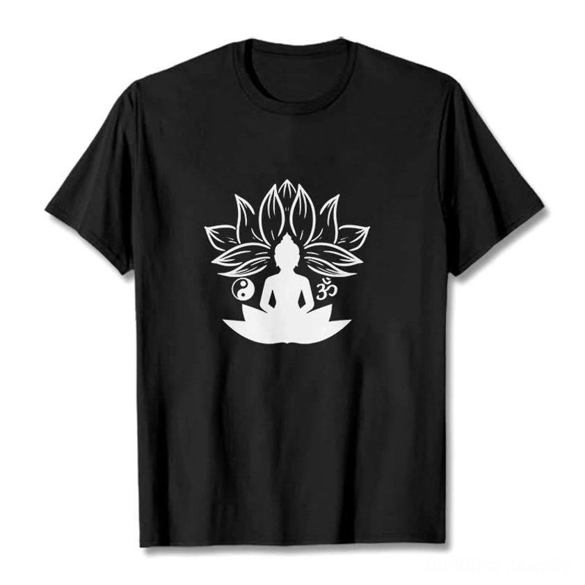Buddhist meditation t-shirt with white lotus Buddha print on black fabric, flat lay product view