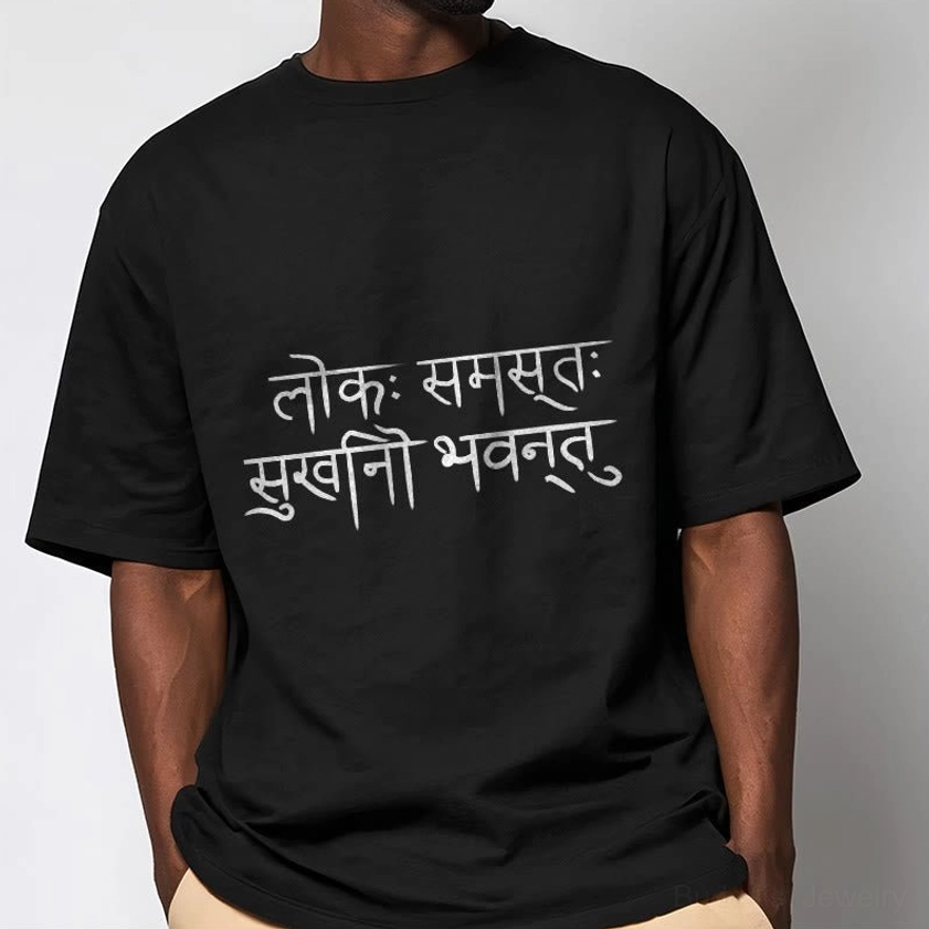 Man wearing black Buddhist Sanskrit tee with white chest print, loose fit unisex design for casual comfort