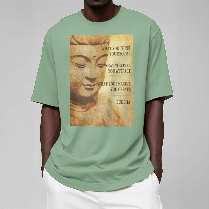 Black Buddhist t-shirt size guide and fit demonstration, unisex relaxed silhouette from front view