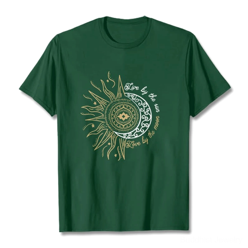 Live by the Sun Love by the Moon Buddhist graphic tee detail view of celestial print design