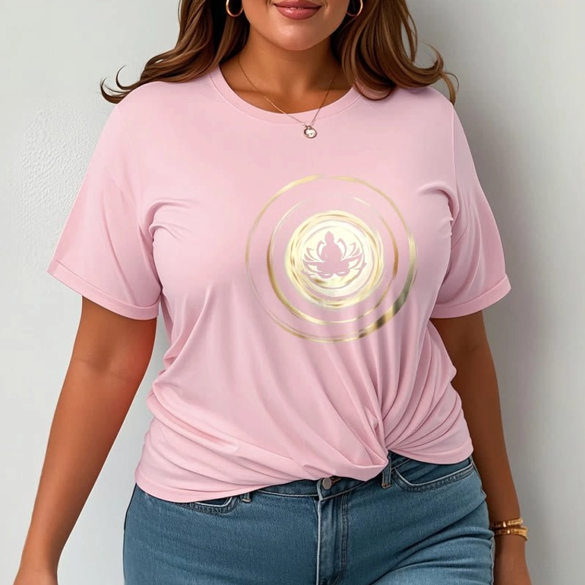 Buddha lotus print t-shirt crew neck and sleeve detail close-up view