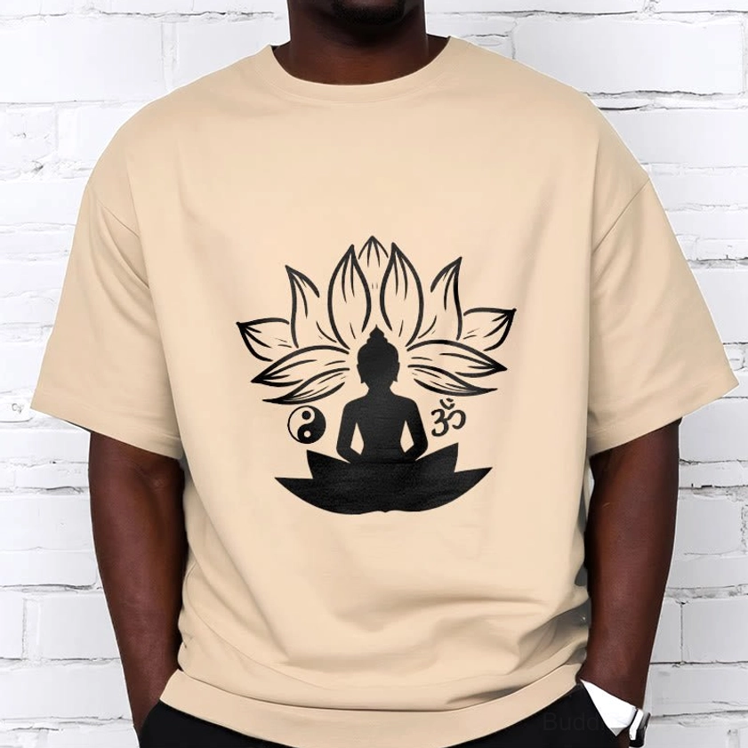 Buddhist meditation t-shirt detail showing Om symbol, Yin Yang, and lotus Buddha design artwork