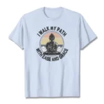 Light blue Buddhist ease and grace graphic t-shirt flat lay front view with retro inspirational print