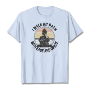 Light blue Buddhist ease and grace graphic t-shirt flat lay front view with retro inspirational print