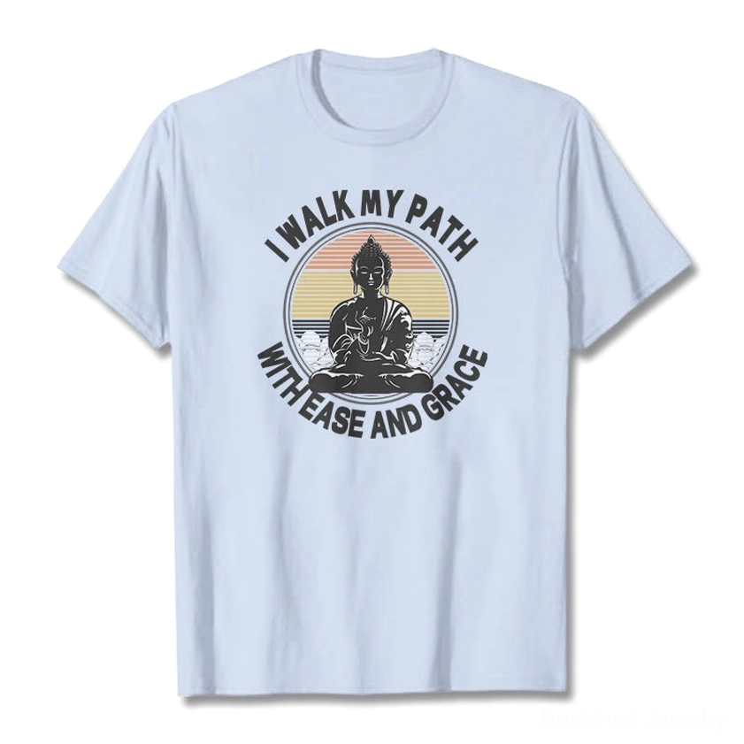 Light blue Buddhist ease and grace graphic t-shirt flat lay front view with retro inspirational print
