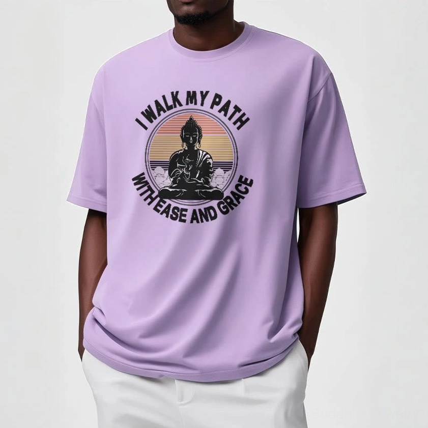 Buddhist ease and grace t-shirt size chart fit guide premium quality cotton specifications