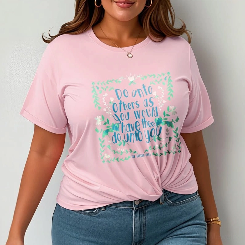 Buddhist spiritual graphic tee showing golden rule print with intricate floral calligraphy design elements