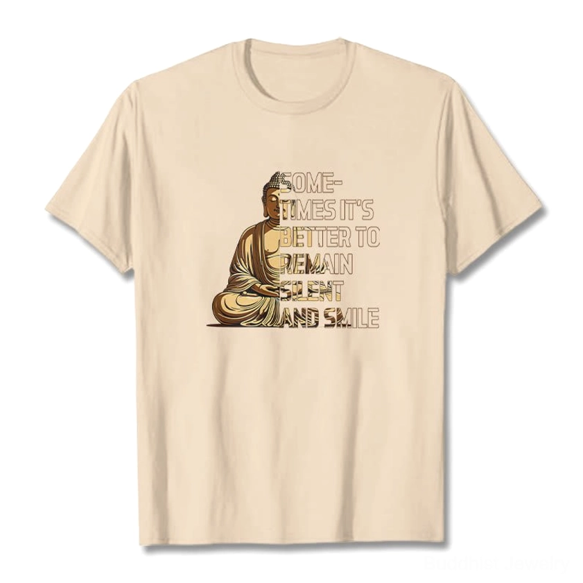 Khaki beige Buddhist graphic T-shirt with contemplative Buddha print and wise message, flat lay front neutral tone