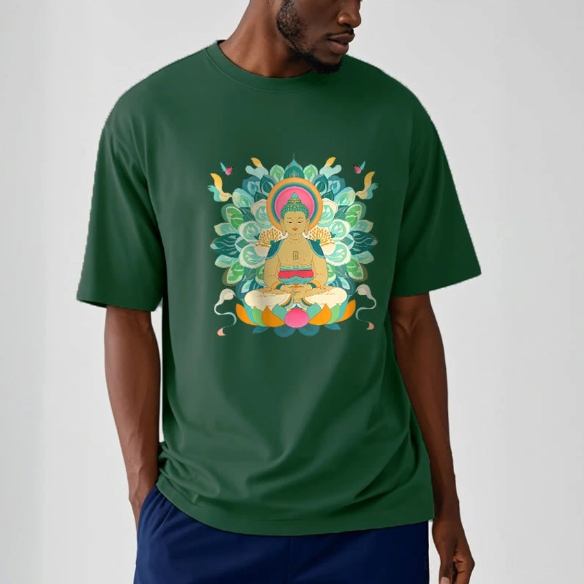 Light cyan blue Buddhist butterfly lotus graphic t-shirt front flat lay cotton tee unisex fit