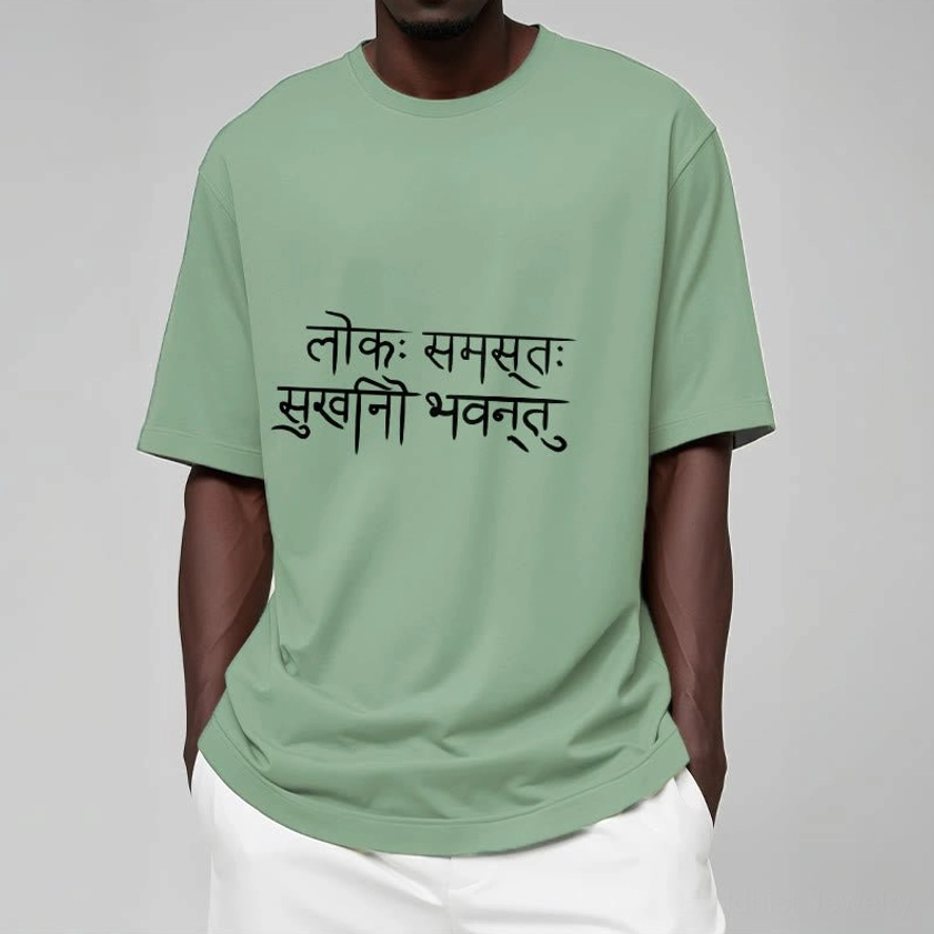 Buddhist happiness mantra tee in light cyan blue color with Sanskrit print, fresh modern spiritual fashion