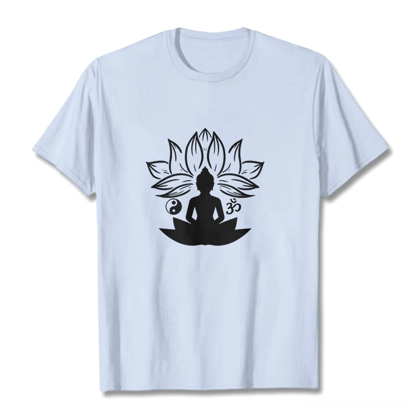 Buddhist meditation t-shirt in light cyan with white lotus Buddha and Om design, flat lay display