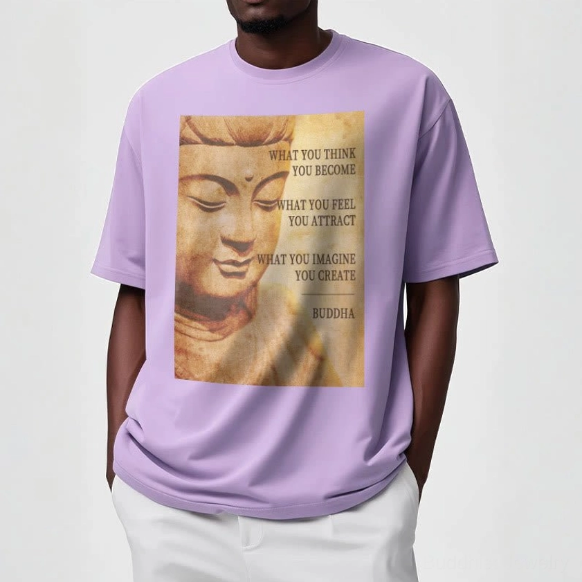 Light cyan Buddhist t-shirt size guide and fit demonstration, unisex relaxed silhouette from front view