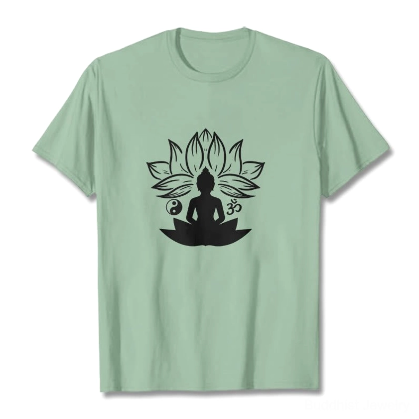 Buddhist t-shirt in light cyan color with spiritual lotus and meditation graphic print, unisex fit