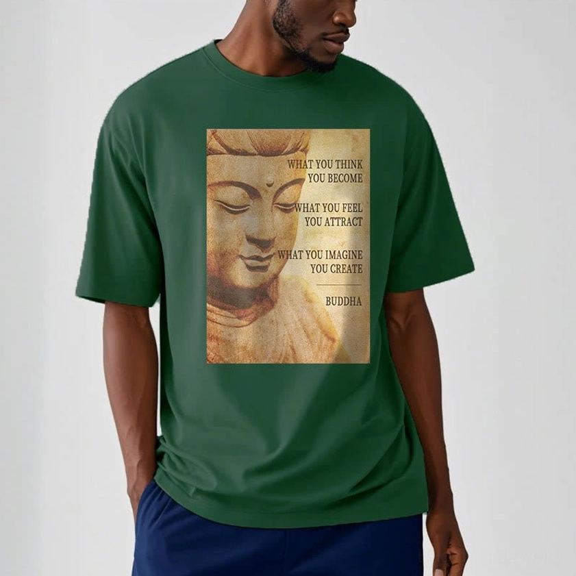 Light cyan color Buddhist mindfulness t-shirt worn by model, casual unisex fit with vintage Buddha print