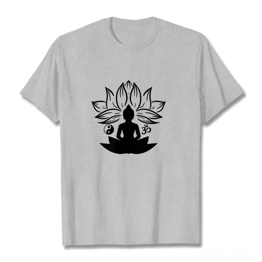 Buddhist t-shirt in light grey color with black Om Yin Yang lotus graphic, crew neck short sleeve