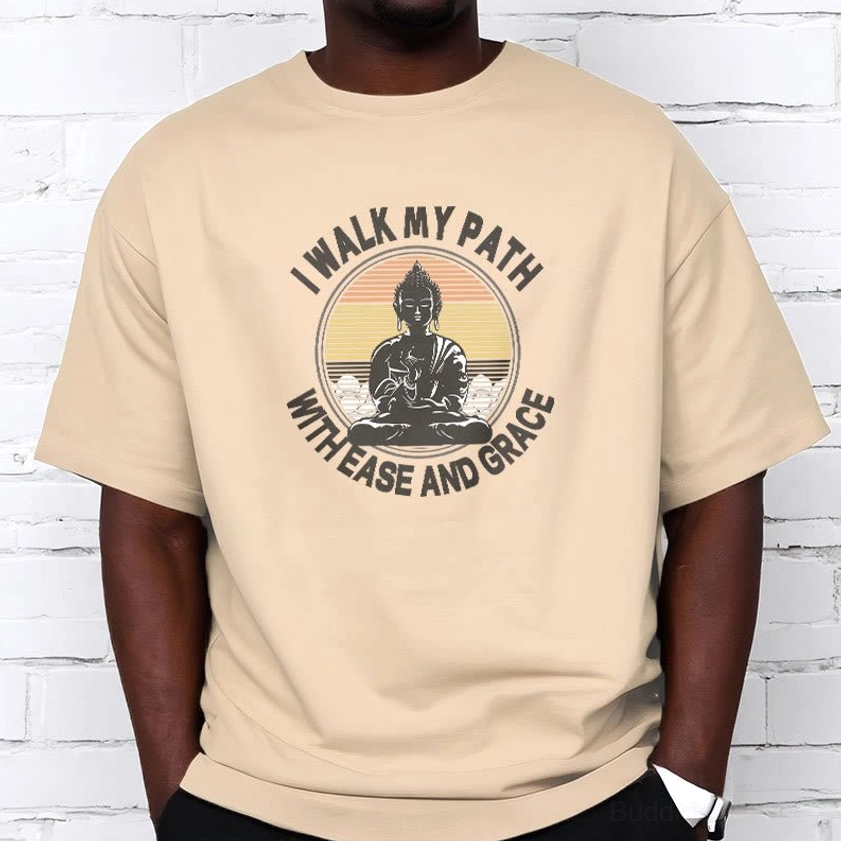 Light grey Buddhist ease and grace t-shirt versatile neutral color casual wear flat lay
