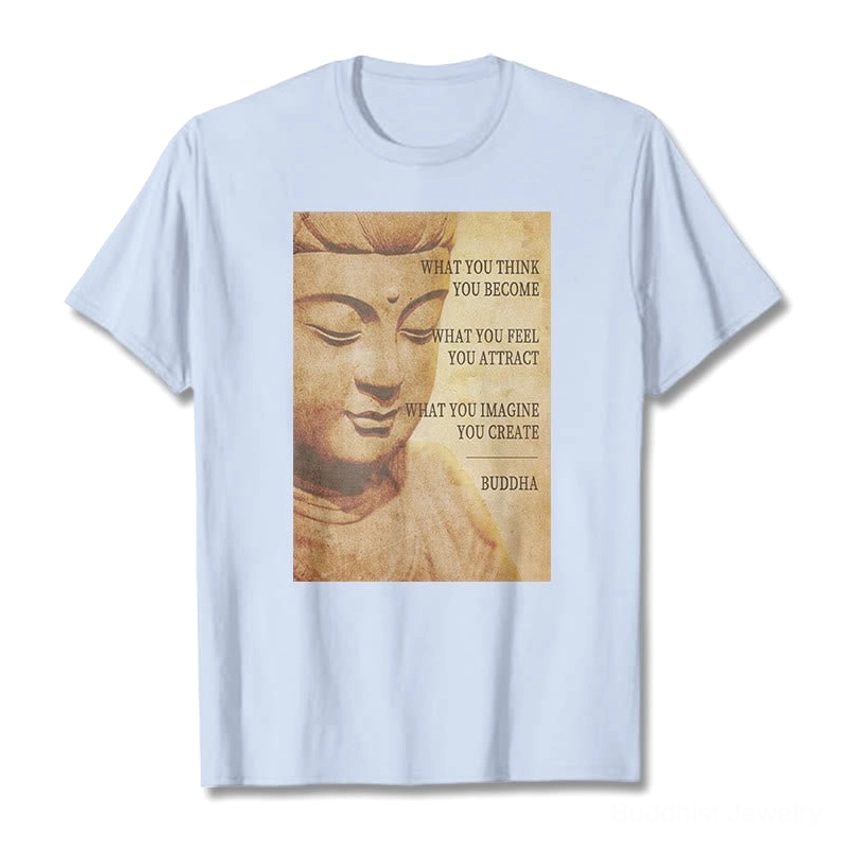 Light grey Buddhist t-shirt size guide and fit demonstration, unisex relaxed silhouette from front view