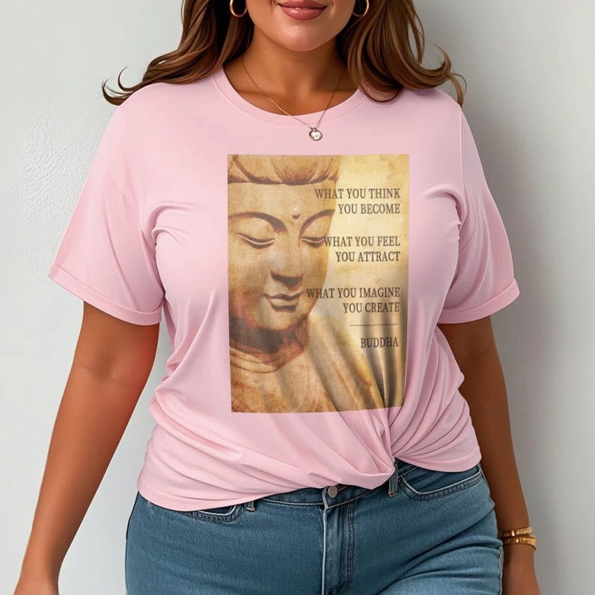 Light grey Buddhist mindfulness t-shirt worn by model, relaxed unisex fit with inspirational vintage print