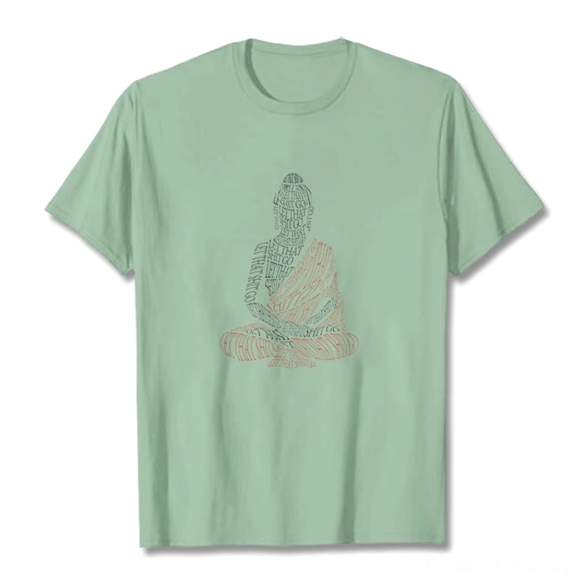 Male Model Wearing Light Cyan Buddhist Graphic T-Shirt - Let Go Message Design, Casual Lifestyle