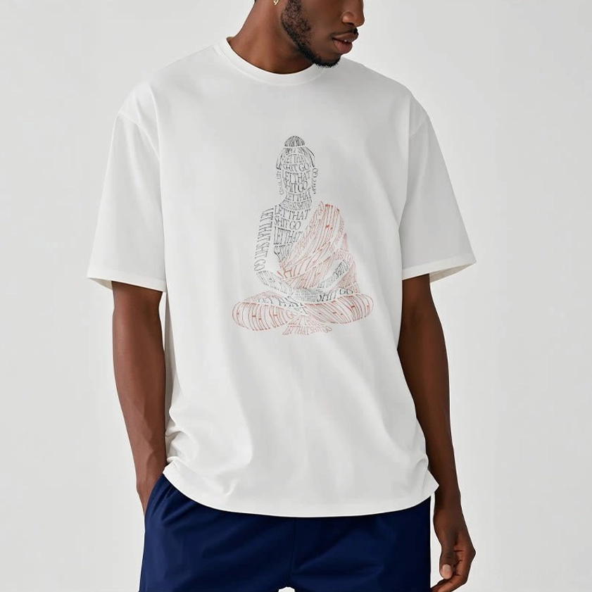 Male Model Wearing Buddhist Graphic T-Shirt - White Cotton Tee with Let Go Message, Side Casual View
