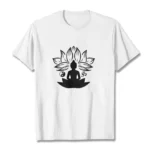 Buddhist meditation t-shirt with Om Yin Yang and lotus Buddha design, flat lay front view on white background