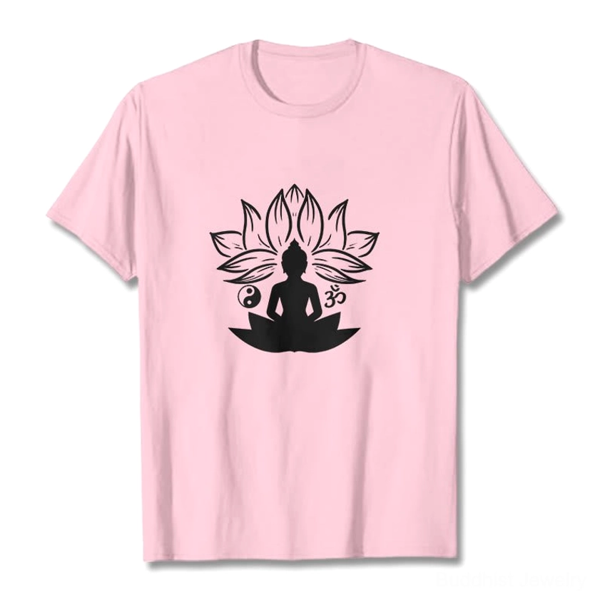 Buddhist cotton t-shirt with Om Yin Yang and lotus pattern, premium organic cotton material