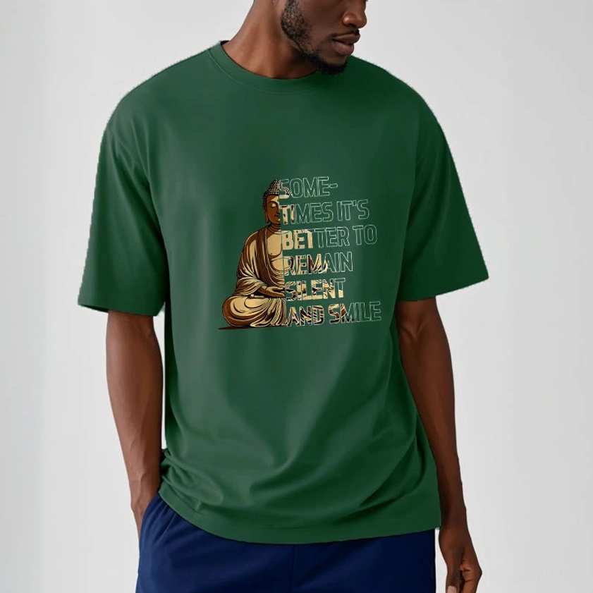 Close-up detail of Buddhist graphic T-shirt showing white ink print quality, Buddha silhouette and silent smile text