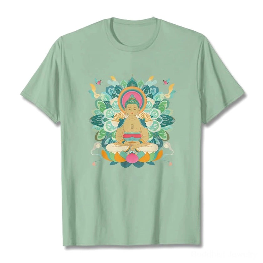 Buddhist butterfly lotus t-shirt print quality showcase vibrant colors spiritual graphic design