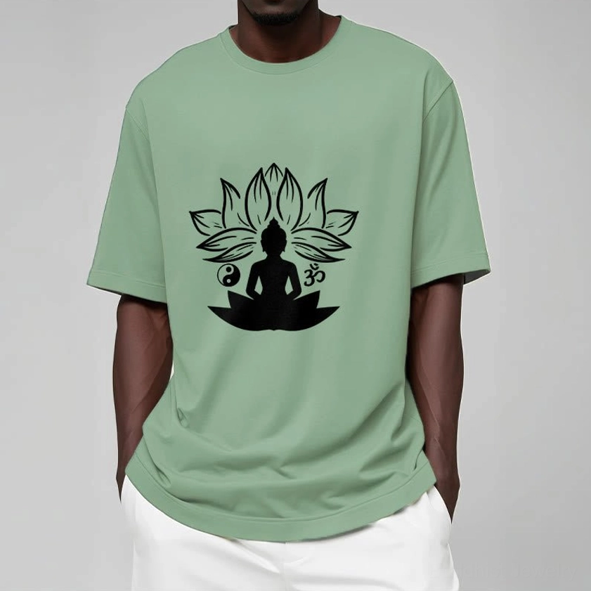 Buddhist graphic t-shirt showing expert ink film printing of lotus Buddha with Om symbol design