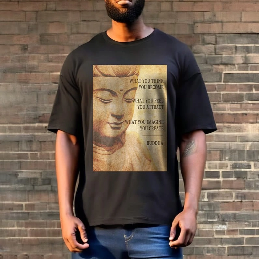 Beige neutral Buddhist mindfulness t-shirt flat lay front view with vintage Buddha quote print on light background