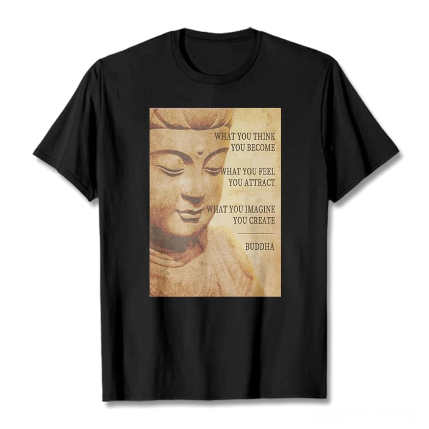 Black Buddhist mindfulness t-shirt flat lay front view with vintage Buddha quote print on plain black background