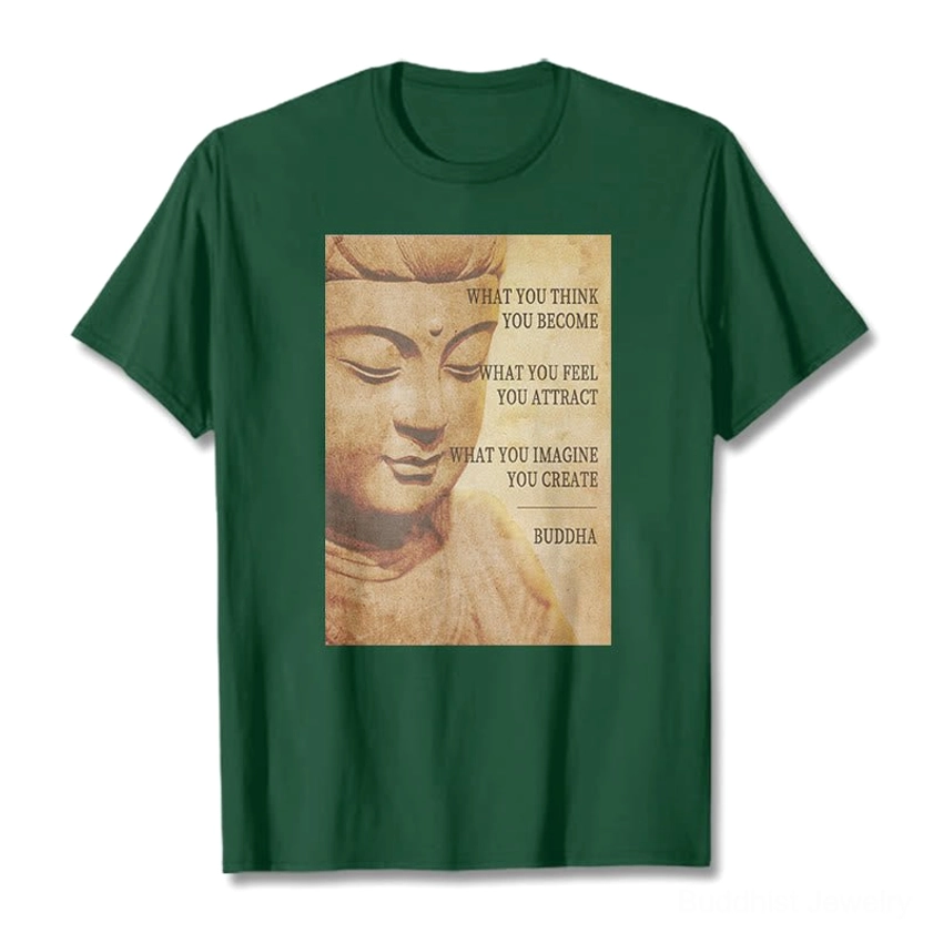 Light cyan Buddhist inspirational t-shirt flat lay front view with 'What You Think You Become' quote print