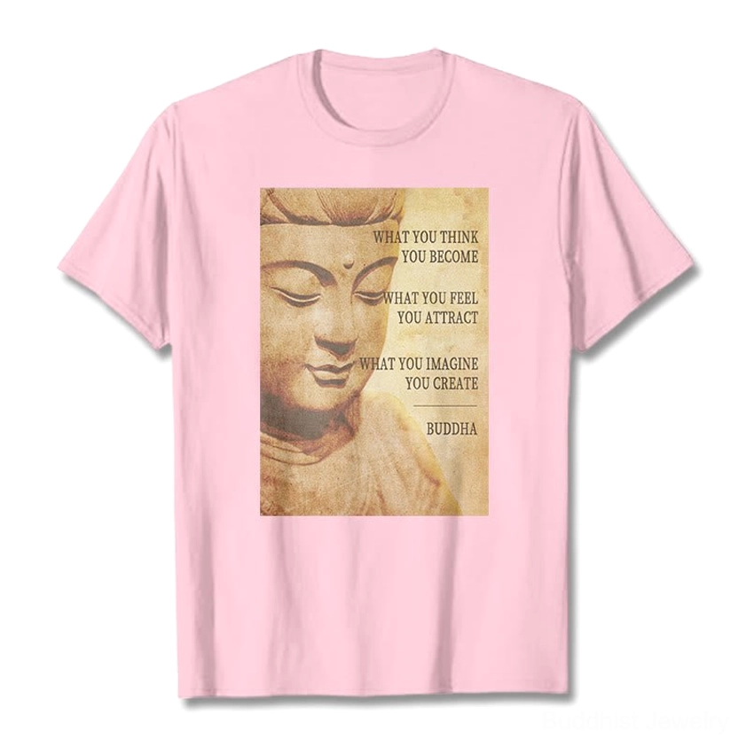 Light grey Buddhist inspirational t-shirt flat lay front view with Buddha quote 'What You Think You Become'