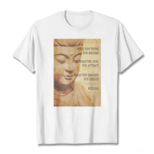 White Buddhist mindfulness t-shirt flat lay front view with 'What You Think You Become' Buddha quote print on plain white background