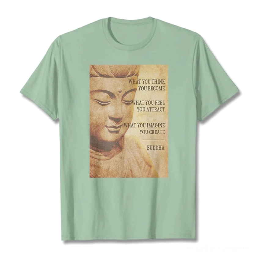 White Buddhist t-shirt size guide and fit demonstration, unisex relaxed silhouette from front view