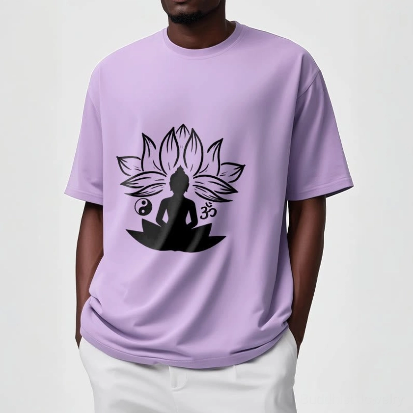 Buddhist T-shirt with vibrant Om Yin Yang lotus print, versatile for yoga and spiritual practice