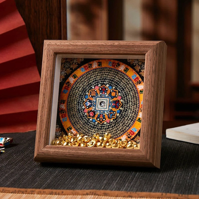 Buddhist thangka altar frame black mandala design dark wood finish golden ingot accents meditation