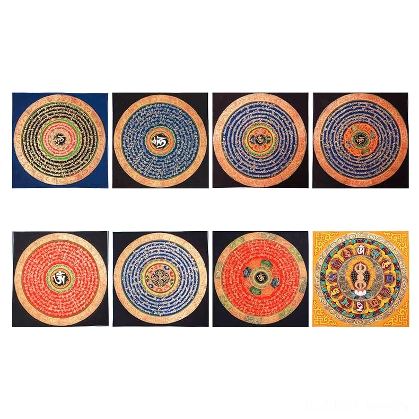 Thangka blind box sample set showing eight different Buddhist mandala designs with diverse color patterns and styles