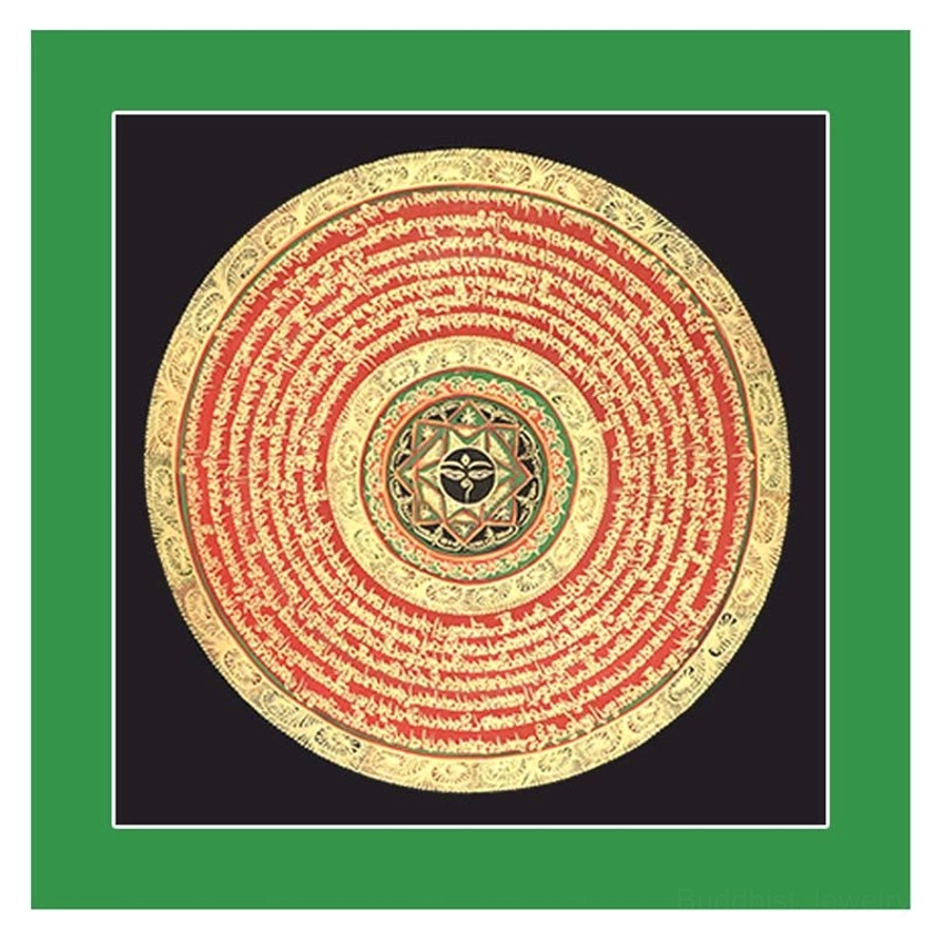 Buddhist thangka artwork featuring sacred mantra with intricate gilded circular dharma wheel pattern and traditional artistic embellishments