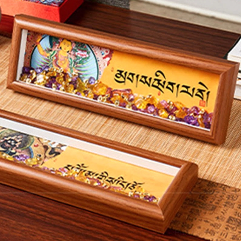 Buddhist thangka frame handcrafted with sacred mantra amethyst citrine crystals artisan made