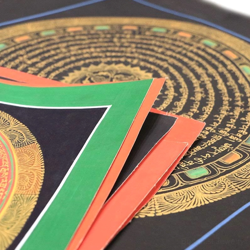 Flat lay arrangement showing multiple Buddhist thangka painting frames and colored canvas options, demonstrating the variety of frame styles available