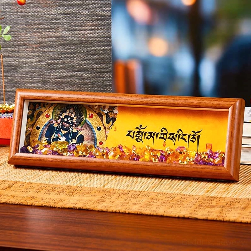 Buddhist thangka ornament frame with black dharma deity guardian figure and crystal stones