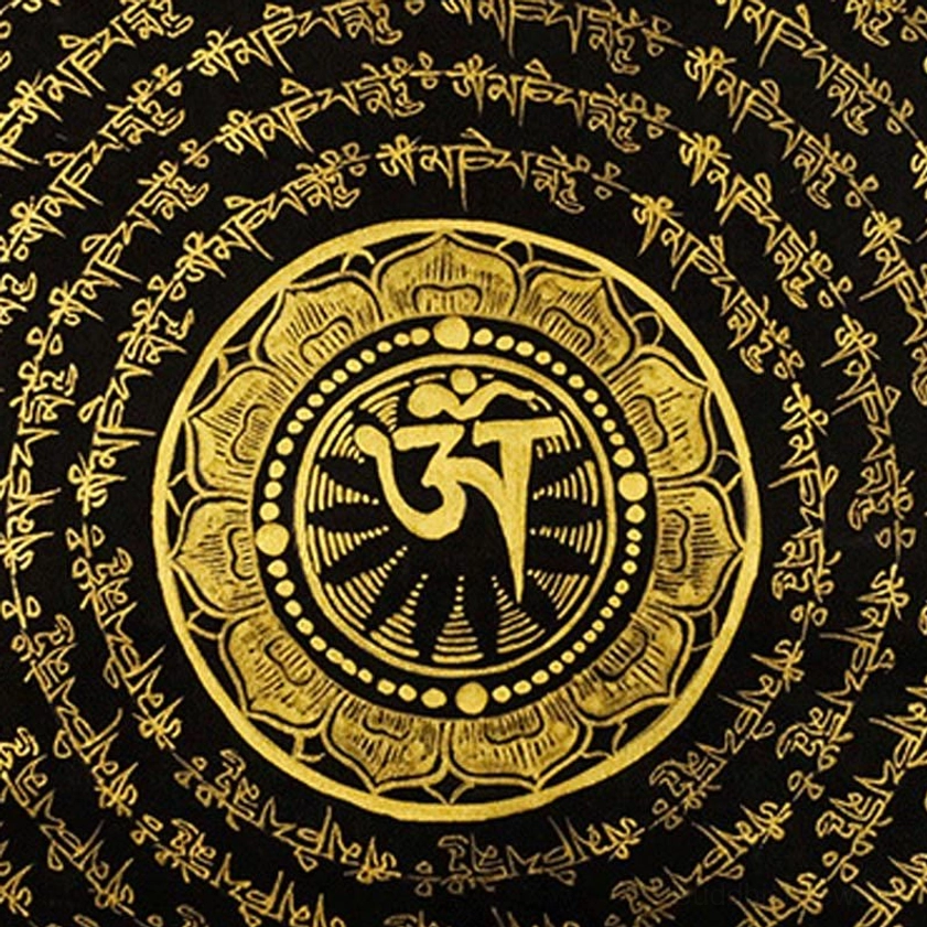 Hand-painted Buddhist thangka mandala closeup showing intricate gold detailing and sacred geometry patterns