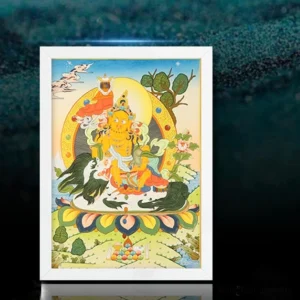 Hand-painted Buddhist thangka scroll in white frame displayed on dark background, full frontal view of traditional deity artwork with vibrant colors and intricate mandala designs