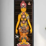 Hand-painted Buddhist thangka scroll with sacred deity and colorful mandalas hung on white wall with black frame home decor