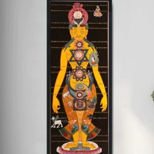 Hand-painted Buddhist thangka scroll with sacred deity and colorful mandalas hung on white wall with black frame home decor